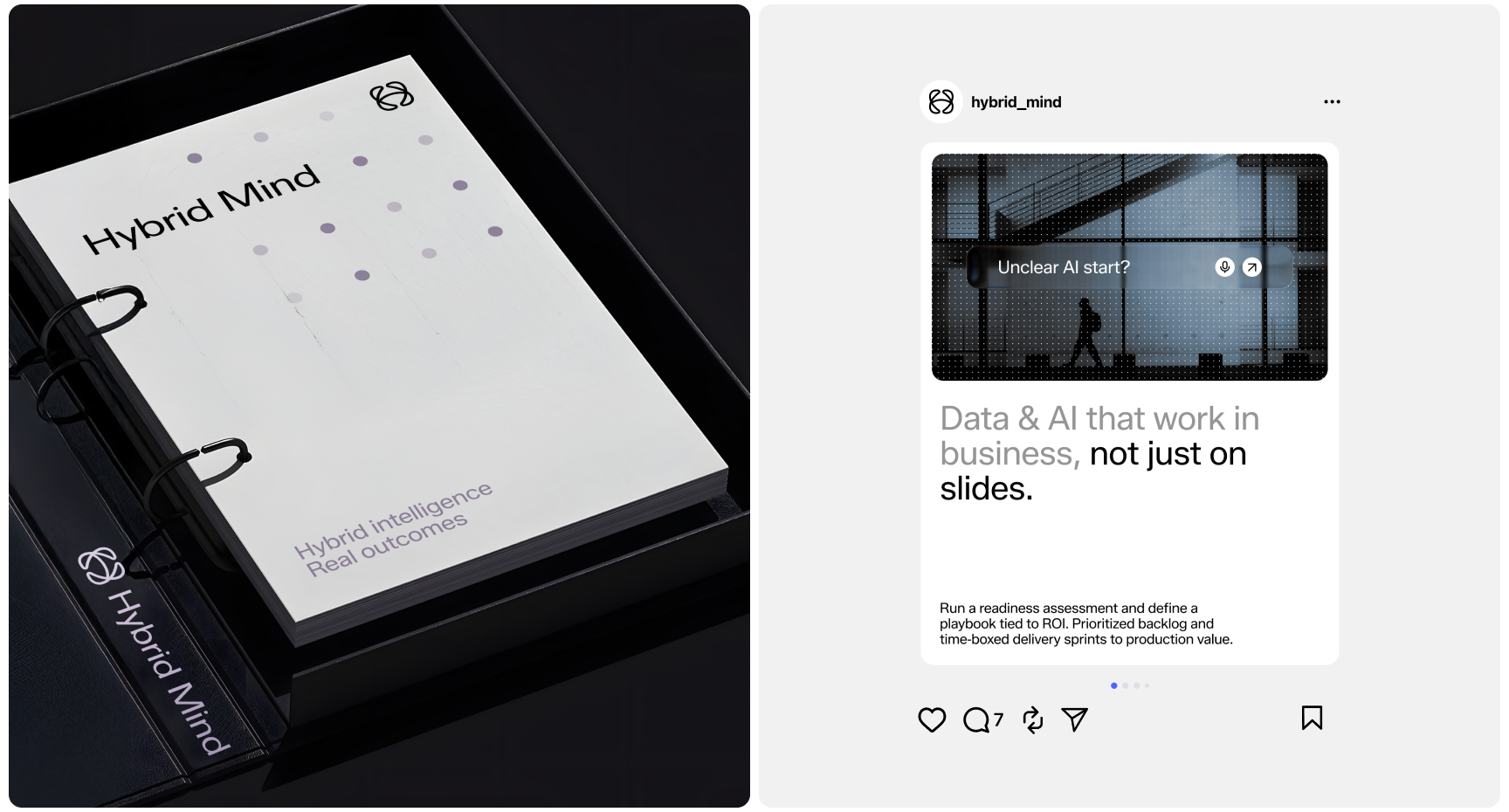Left image: A book titled "Hybrid Mind" with a sleek cover featuring abstract dots, resting in a black box. Right image: A social media post about effective AI in business with a silhouette of a person in an office setting.