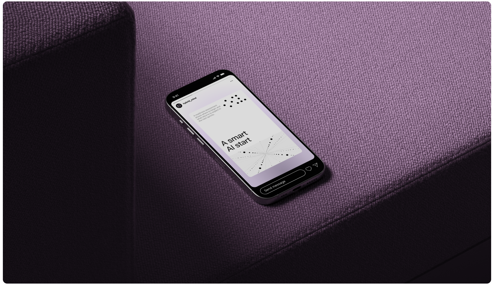 A smartphone displaying a minimalist "A smart AI start" interface rests on a purple fabric surface, conveying a modern and sleek technological vibe.