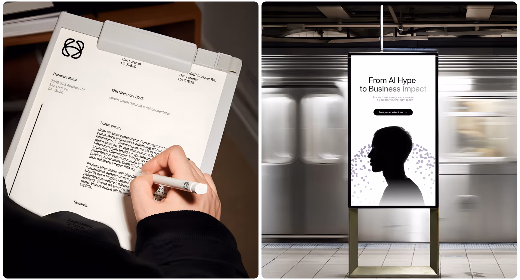 A person writes on a clipboard in an office. Adjacent, a subway poster with a silhouette and text reads "From AI Hype to Business Impact," suggesting a tech theme.