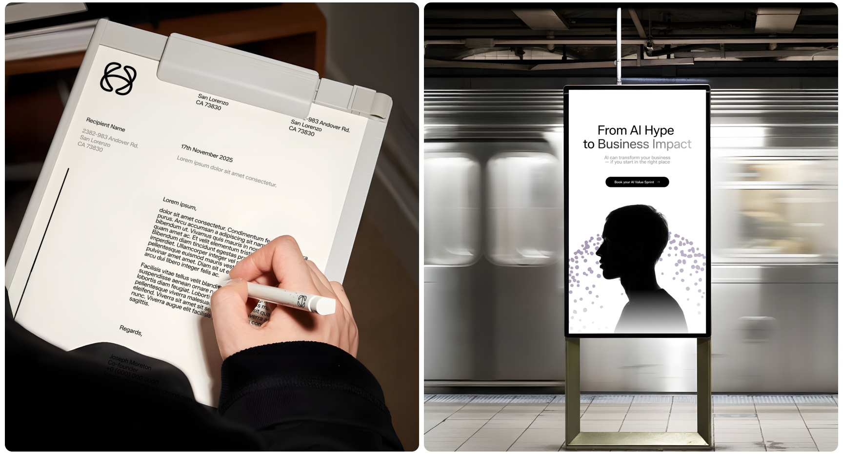 A person writes on a clipboard in an office. Adjacent, a subway poster with a silhouette and text reads "From AI Hype to Business Impact," suggesting a tech theme.