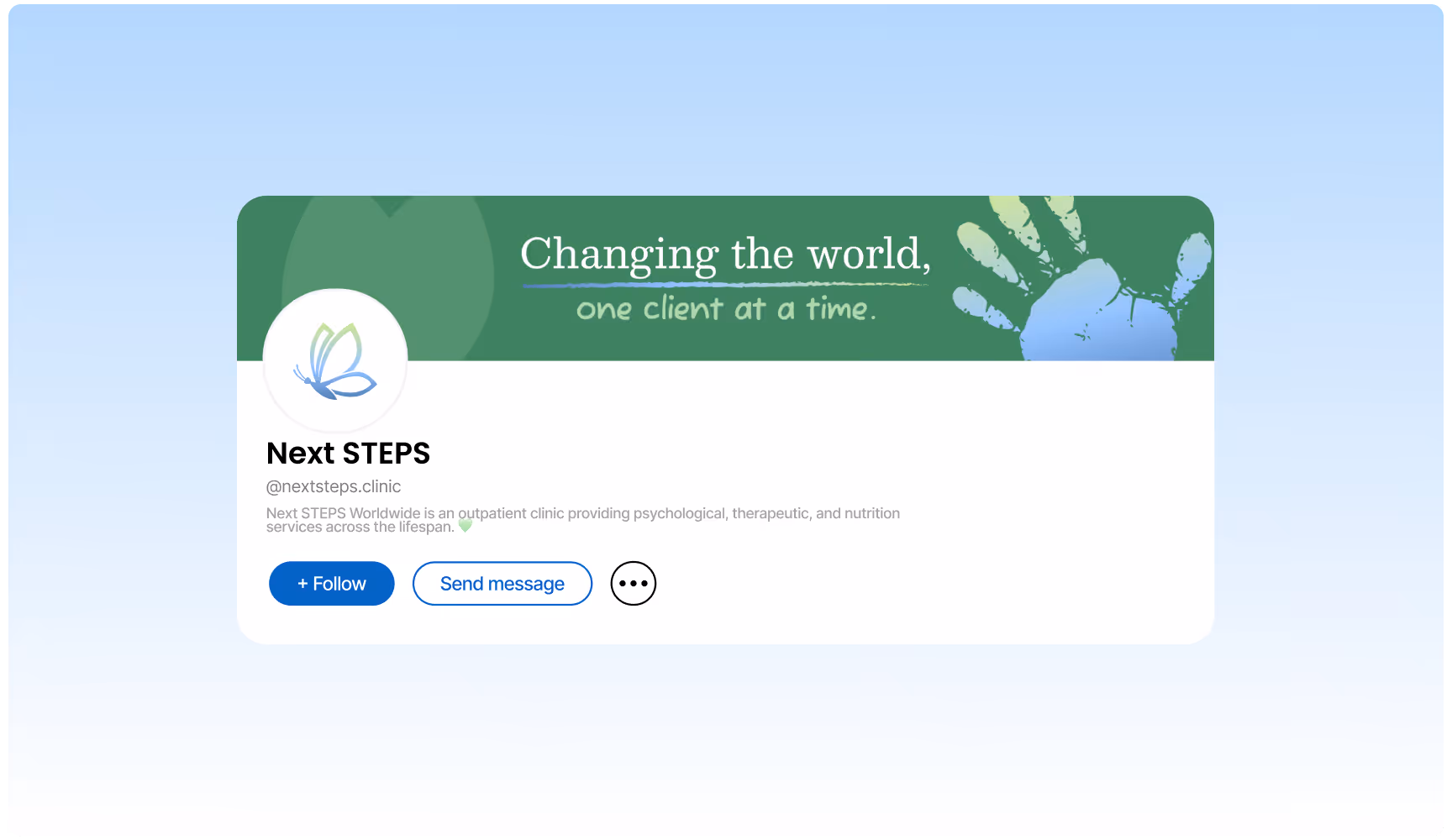 Twitter profile for "Next STEPS" with a green banner showing a blue handprint and the text "Changing the world, one client at a time."