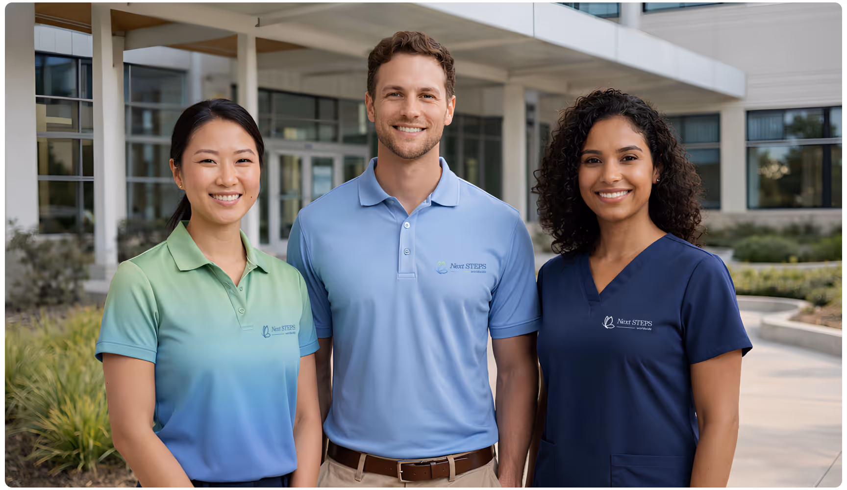 Three people smiling outdoors in front of a modern building. They're wearing uniforms with "Next Steps" logos, suggesting a professional team.