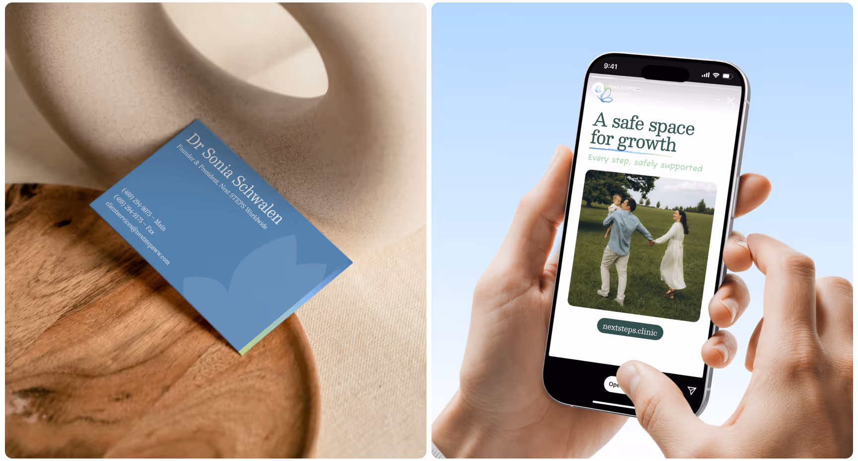 Left: A blue business card for Dr. Sonia Schwartz is placed on a wooden surface. Right: A hand holds a phone displaying a couple in a field, with text "A safe space for growth."