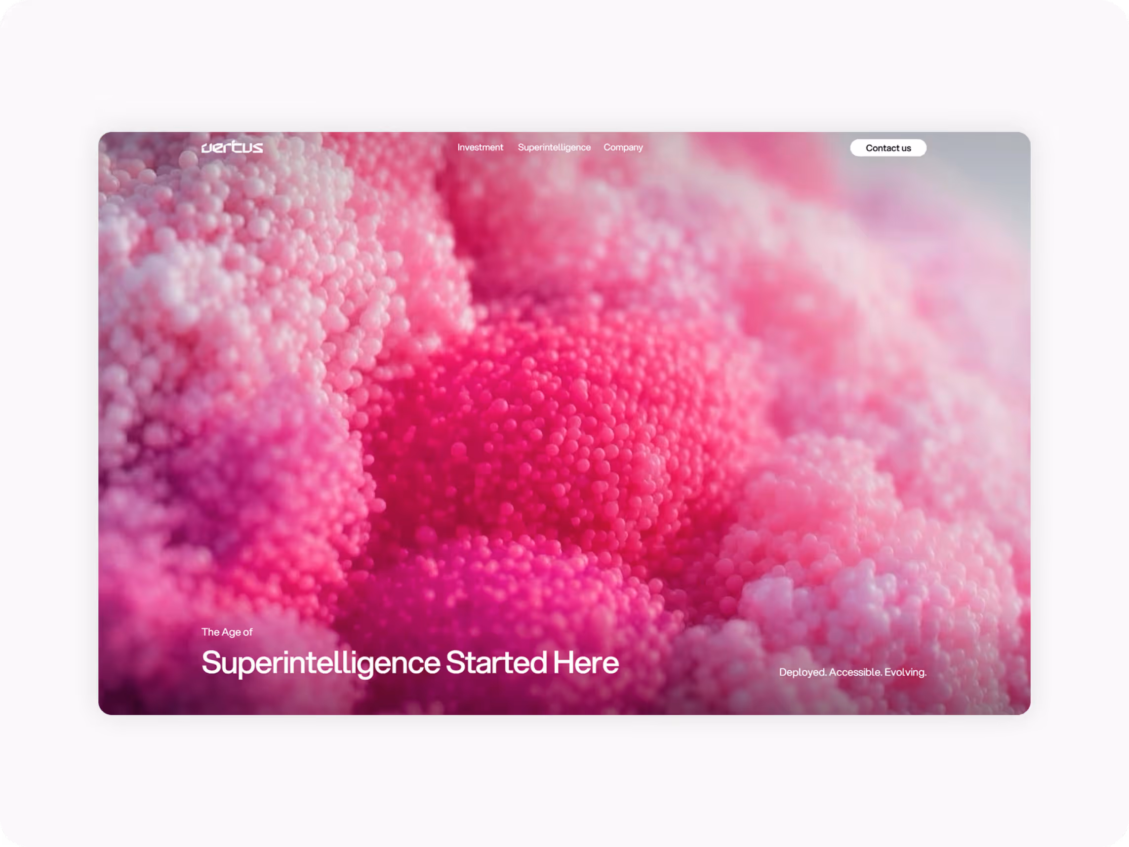 Close-up of pink and white textured bubbles with bold text: "Superintelligence Started Here." A modern and futuristic tone is conveyed.