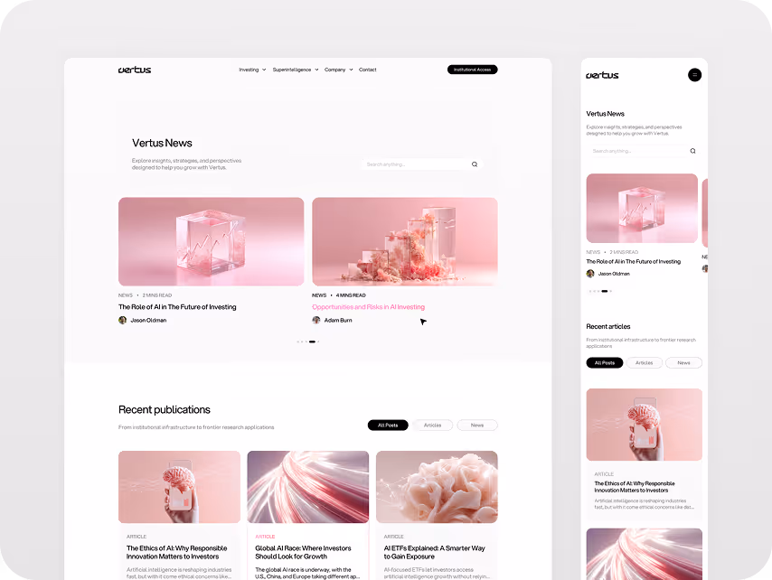 A website layout showcasing "Vertus News" with a clean, modern design. Two main articles feature abstract pink 3D visuals, focusing on AI in investing. Side panels display recent publications and search functionality.
