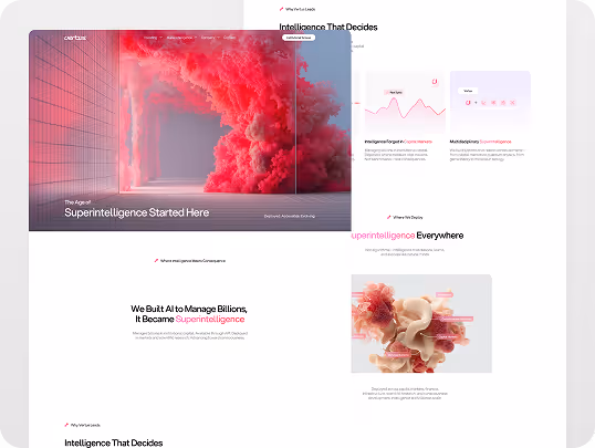 Website design showcasing a vibrant red cloud in a grid room, with text about superintelligence. Features graphs and abstract visuals for AI management.