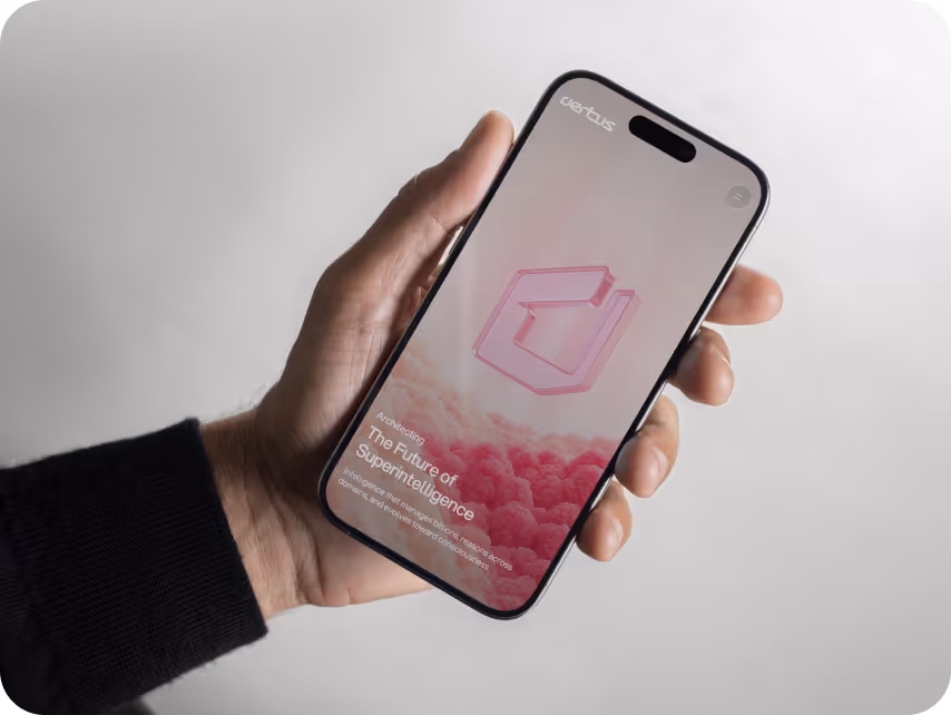 A hand holds a sleek smartphone displaying a screen with text "The Future of Superintelligence" over a pink, abstract background, suggesting innovation.