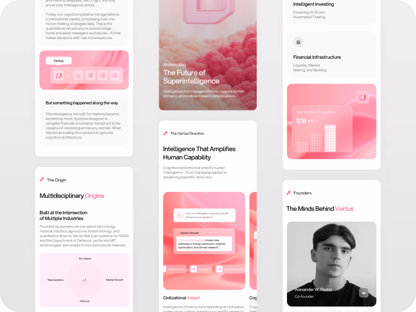 Modern website layout with pink and white theme, showcasing tech content. Includes sections on intelligence, multidisciplinary origins, and a founder's image.