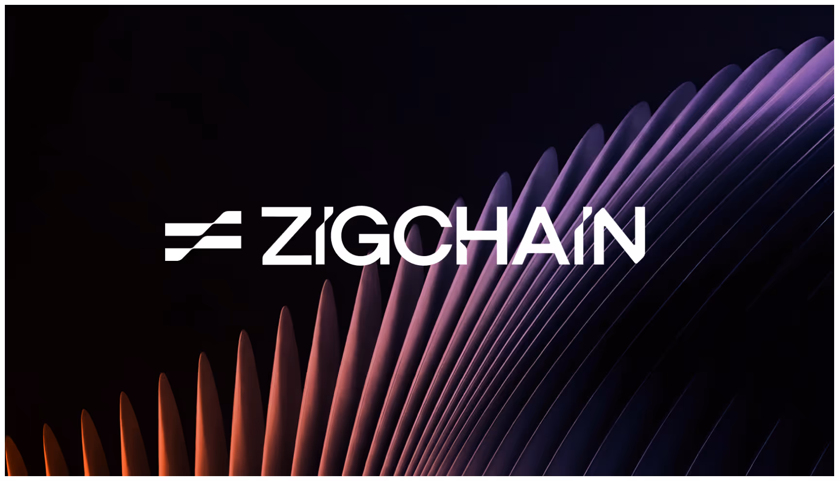 A logo with the word "ZIGCHAIN" in bold white letters is centered on a dark background. Below, curved, ribbed patterns in orange and purple create a tech-inspired look.