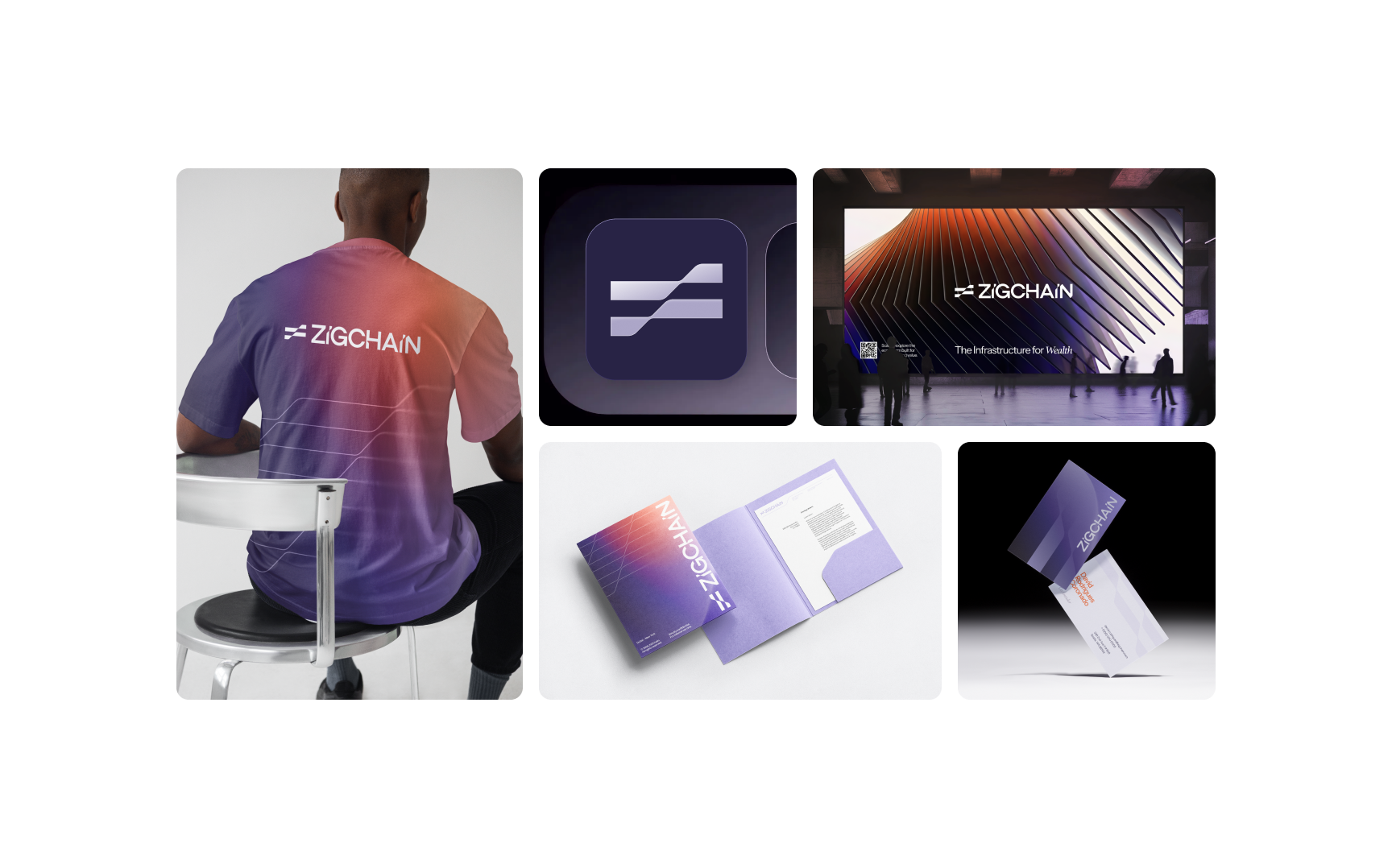A composite image showcasing Zigchain branding elements. Includes a person wearing a Zigchain purple gradient t-shirt, a Zigchain app icon, a digital billboard with the Zigchain logo in an illuminated hallway, a set of branded stationery, and business card