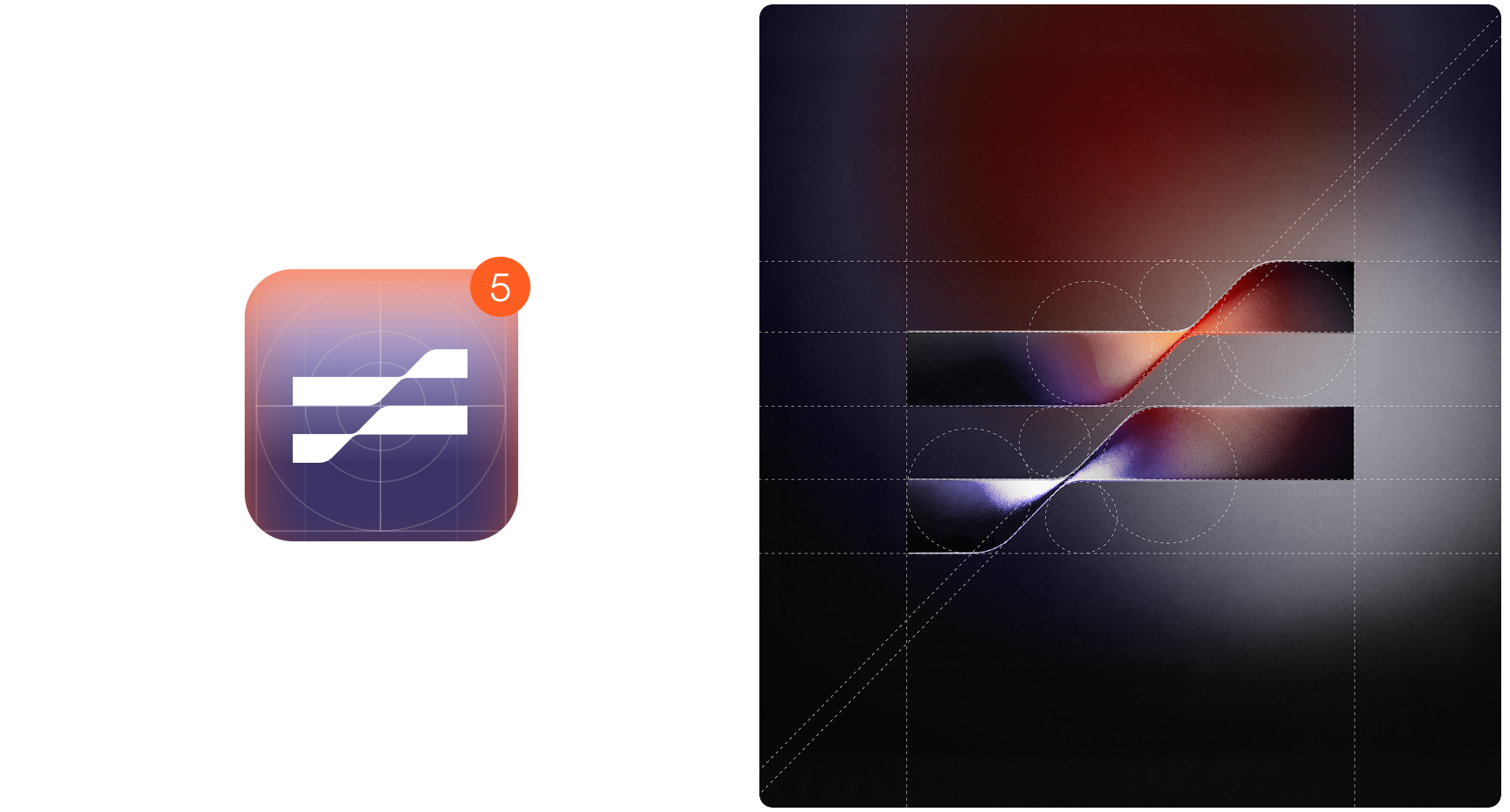 On the left, a gradient app icon with a badge displaying "5". On the right, abstract geometric shapes with a blend of dark red and purple colors.
