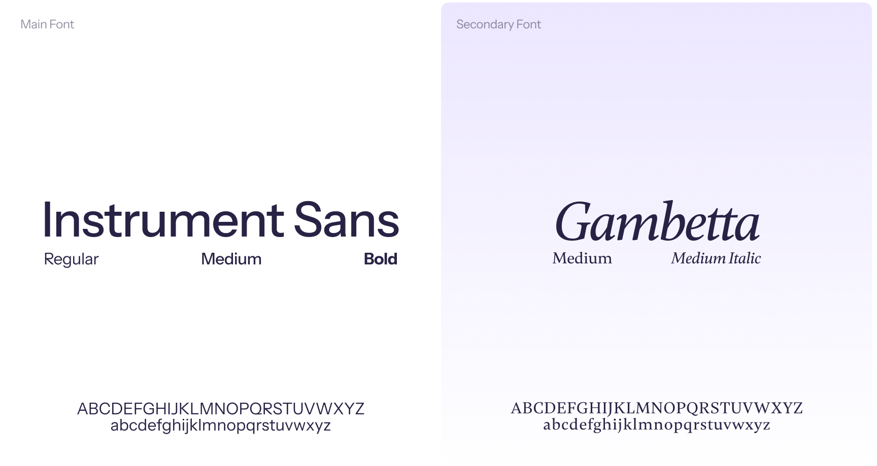 Main image shows two font styles: "Instrument Sans" with Regular, Medium, Bold weights, and "Gambetta" with Medium, Medium Italic styles. Tone is clean and modern.