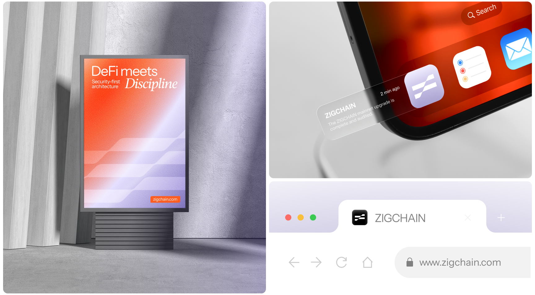 The image features a digital display with "DeFi meets Discipline" text on a gradient background, and close-ups of a smartphone and a web browser showing "ZIGCHAIN."