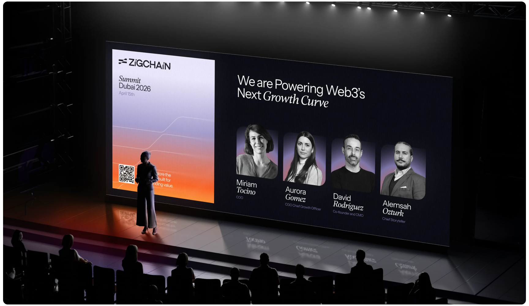 A person onstage presenting at the ZigChain Summit, Dubai 2026. The screen shows speakers' photos and names with the text "We are Powering Web3's Next Growth Curve."
