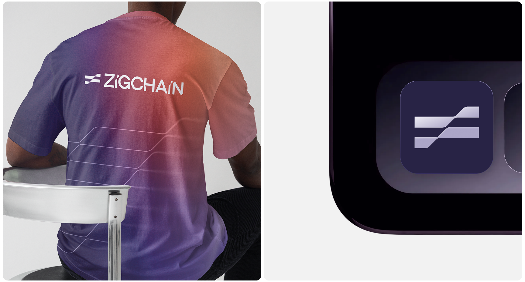 A person sits on a chair wearing a purple and orange gradient shirt with "ZIGCHAIN" text and lines on the back. Next to it, a phone screen shows an app icon with parallel lines. The tone is modern and tech-focused.