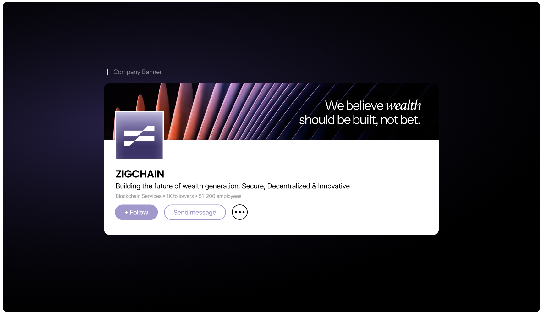 ZigChain LinkedIn banner with a modern graphic design, featuring diagonal lines and the slogan, 'We believe wealth should be built, not bet.' The page details include a logo, description of services in blockchain, follower count, and employee range. The de