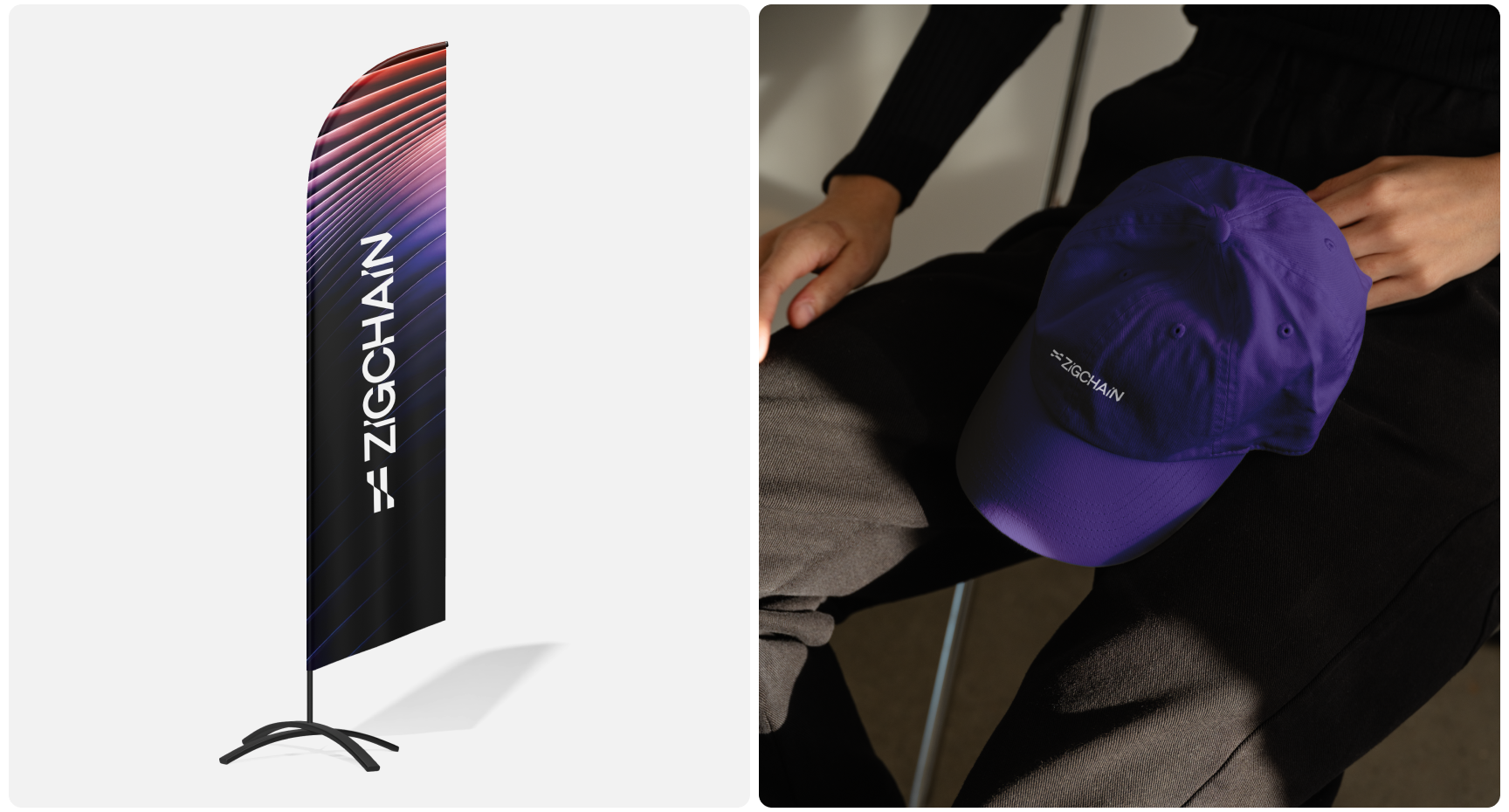 A branded ZIGCHAIN banner with a gradient design from purple to red is on the left. On the right, a person sits with a purple ZIGCHAIN cap resting on their lap.