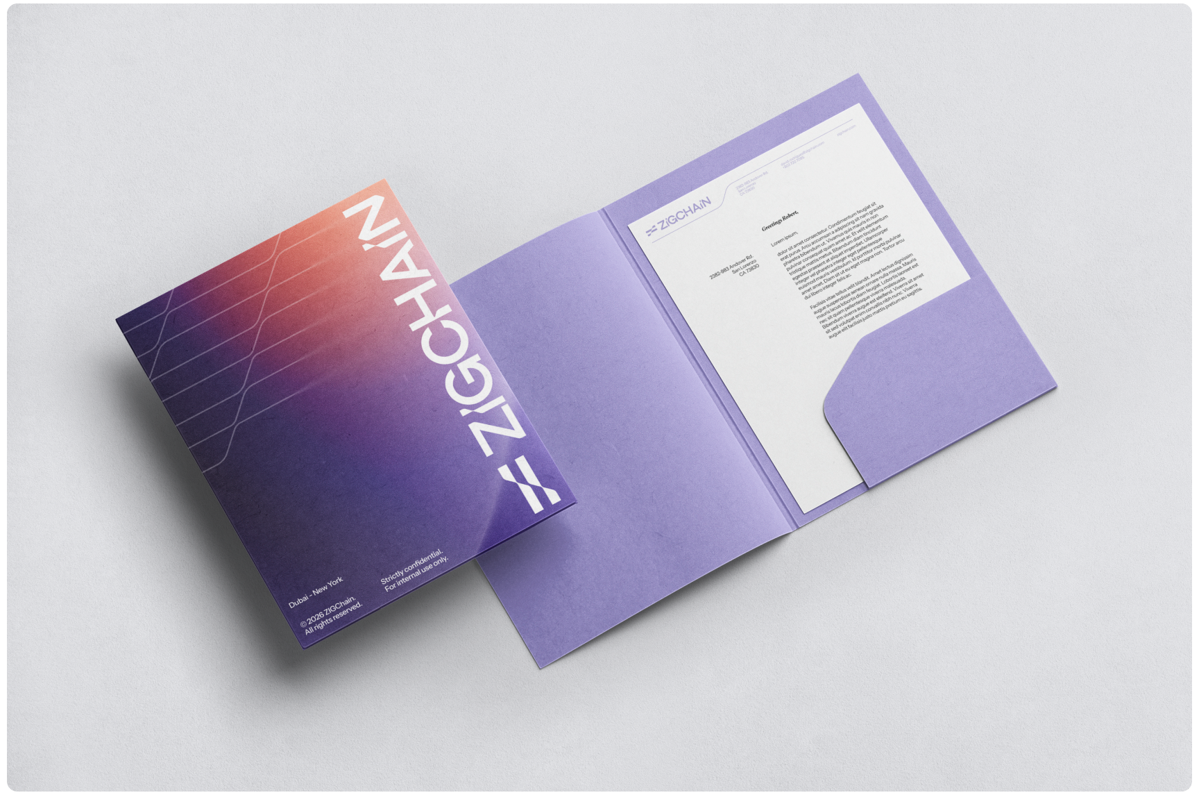 A purple folder with "ZIGCHAIN" on the cover is open to reveal a letterhead inside. The design is sleek and professional, with a gradient of orange to purple.