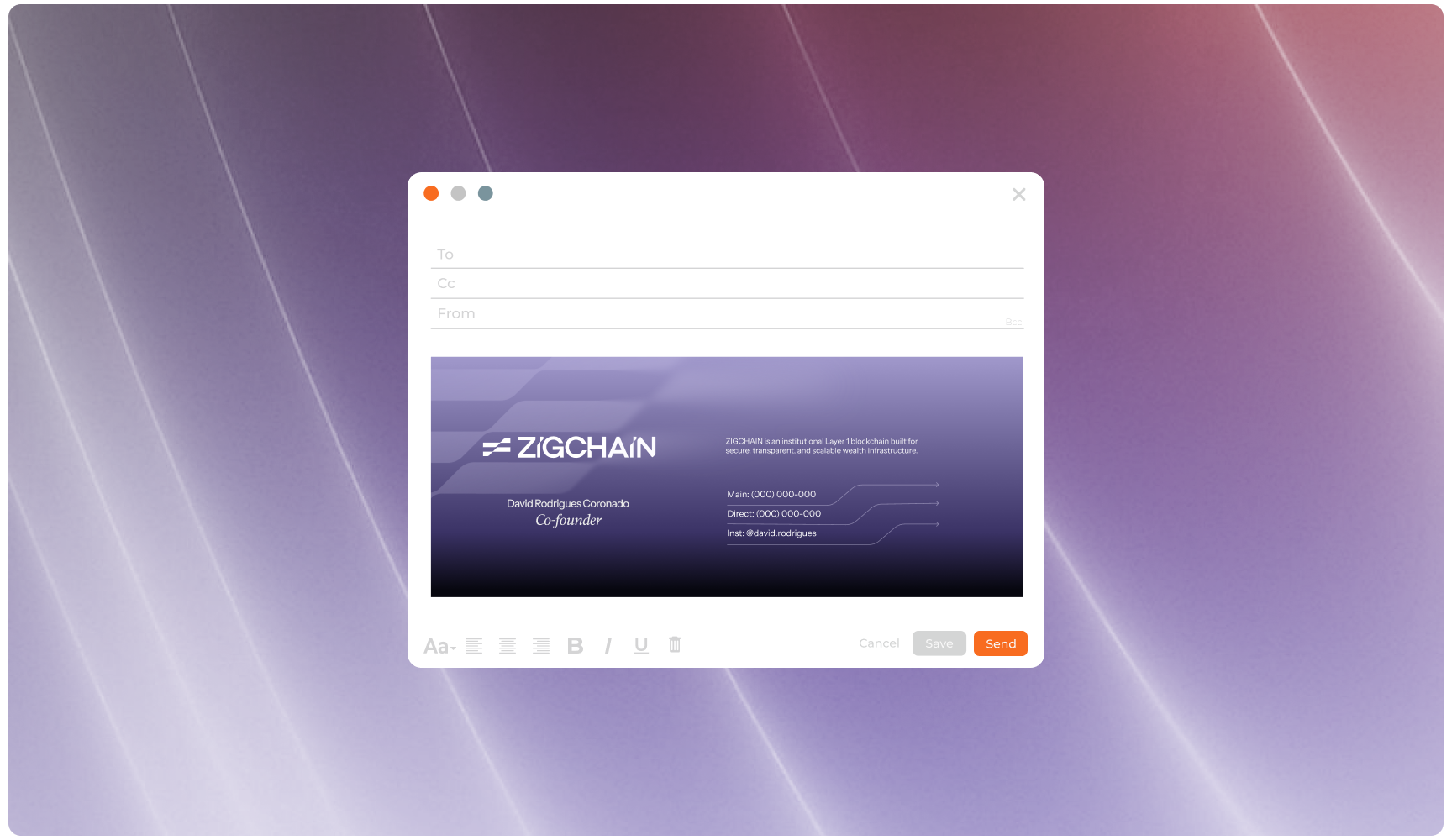 A digital email signature is displayed on a screen against a purple gradient background. The design is sleek and professional, conveying modernity.