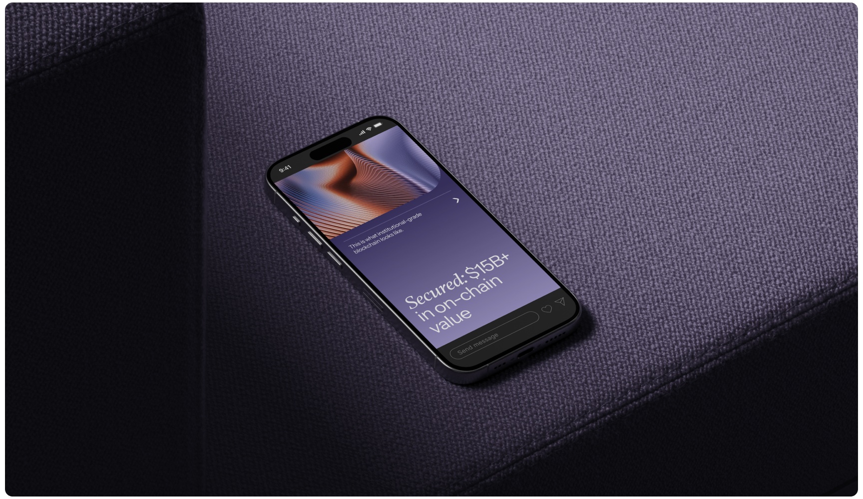 A smartphone displaying a financial-themed app screen rests on a textured purple surface. The app interface reads, "Secured, $15B+ in on-chain value."