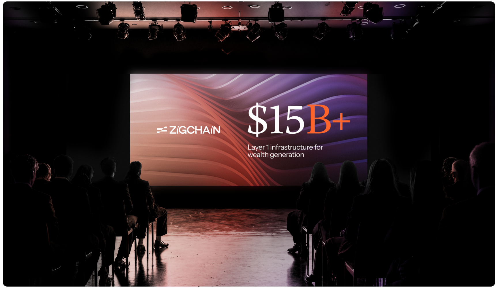 Audience in dimly lit room watches a presentation screen displaying "ZIGCHAIN $15B+ Layer 1 infrastructure for wealth generation," creating an innovative atmosphere.