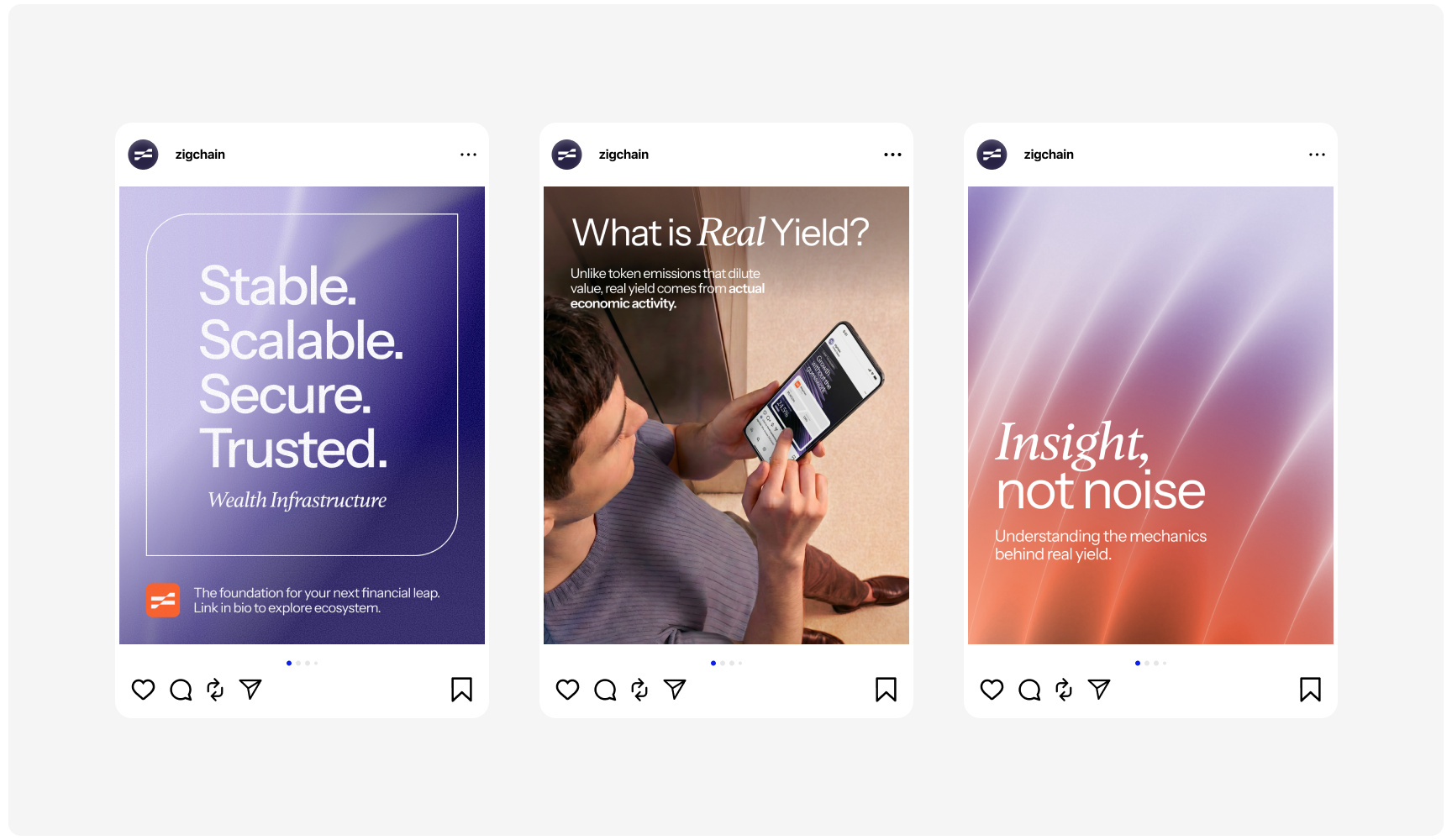 Instagram carousel of three posts by Zigchain. First has a man on a couch with text "Serious infrastructure for serious capital." Second compares financial yields, showing figures $87k, $34k, and $17k. Third highlights capital growth tools, with stats like