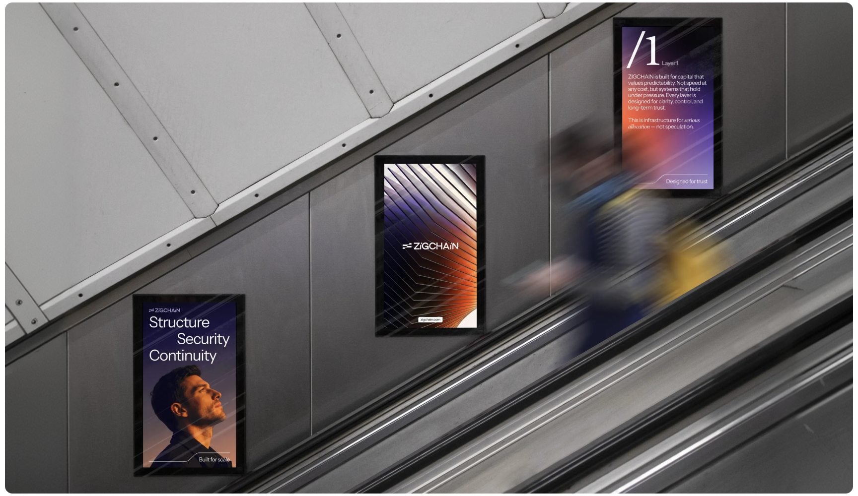 Three digital posters on an escalator wall. Left: Man gazing upward with text 'Structure Security Continuity.' Center: Abstract design with 'ZIGCHAIN' text. Right: Text about structure and security, abstract background. A person with a yellow backpack asce