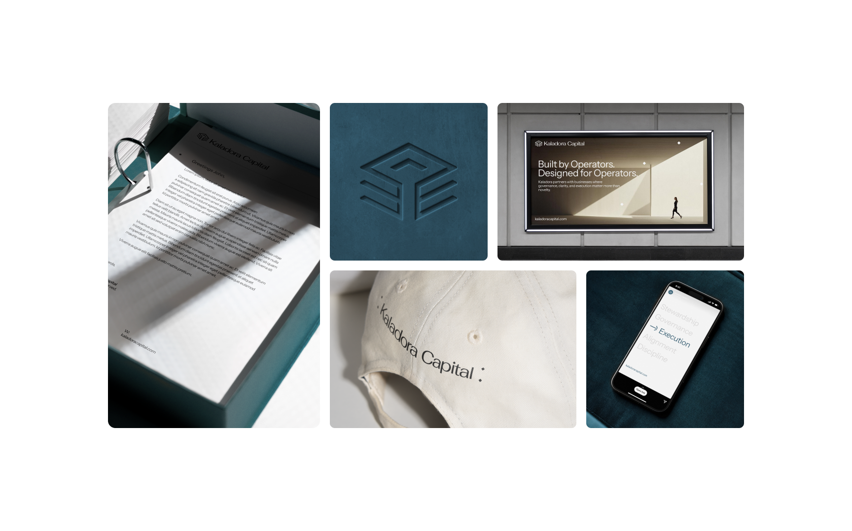 A collage with five images: a branded letter in a box, embossed logo on fabric, billboard with motivational text, branded cap, and a smartphone displaying an app.