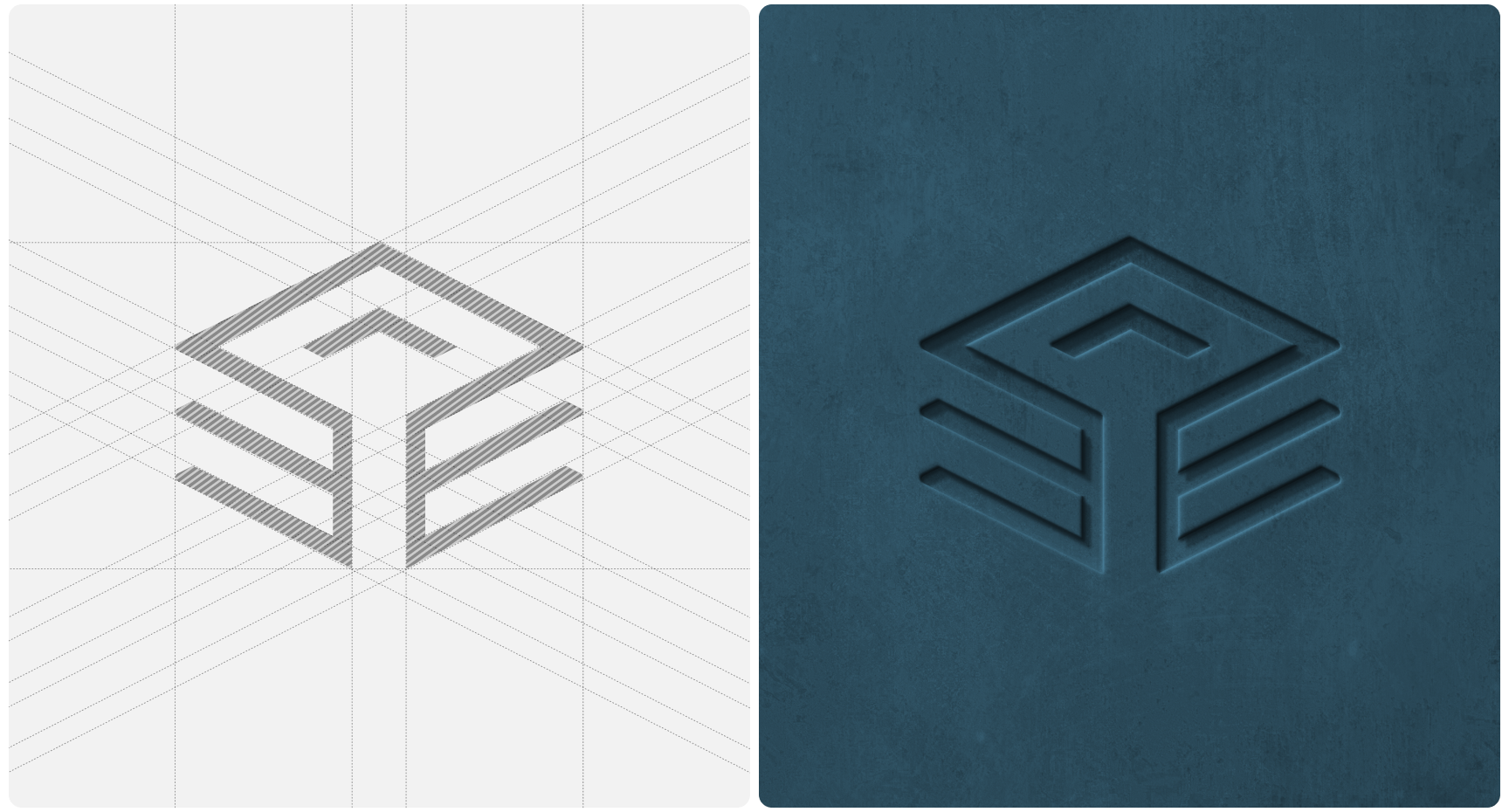 Geometric logo design split into two panels. Left: structured grid lines in gray, showcasing logo symmetry. Right: embossed blue version on textured surface.