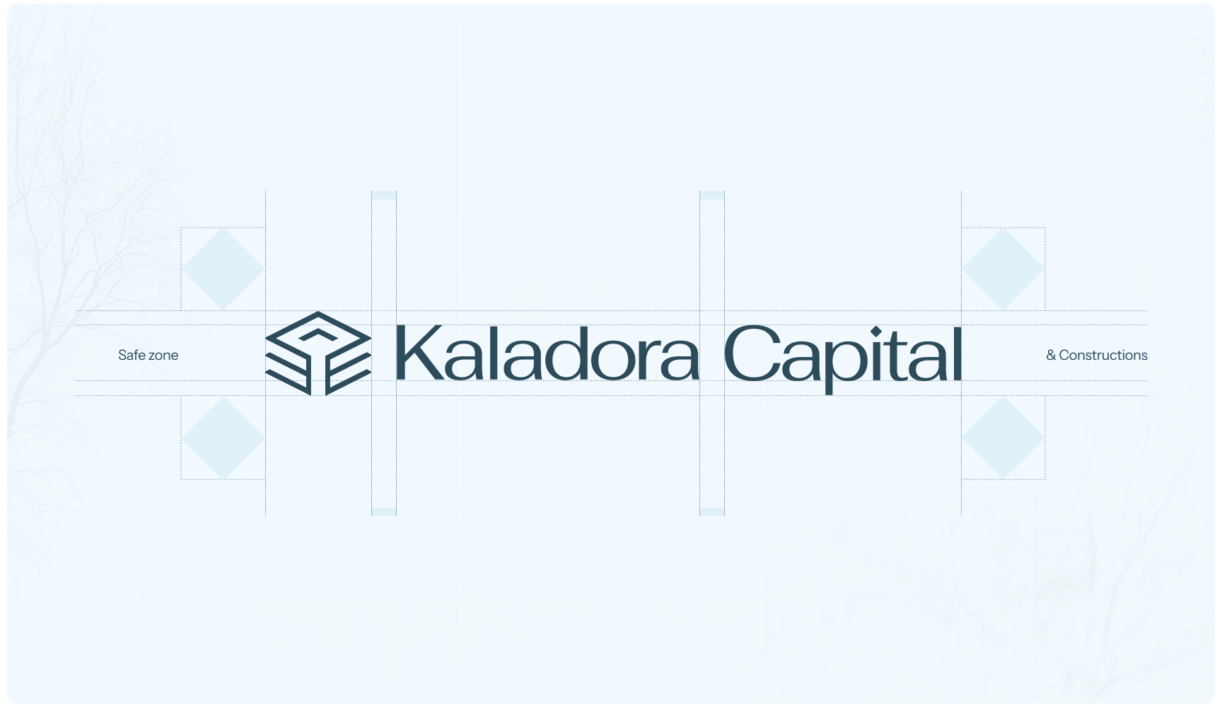 Logo design for Kaladora Capital, featuring a geometric icon and modern font. Includes markings for safe zone and constructions. Minimalist and professional.