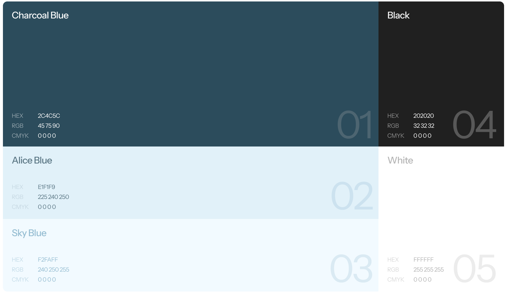 Color swatches with names: Charcoal Blue, Alice Blue, Sky Blue, Black, and White. Each has HEX, RGB, and CMYK values. Minimalist, organized layout.