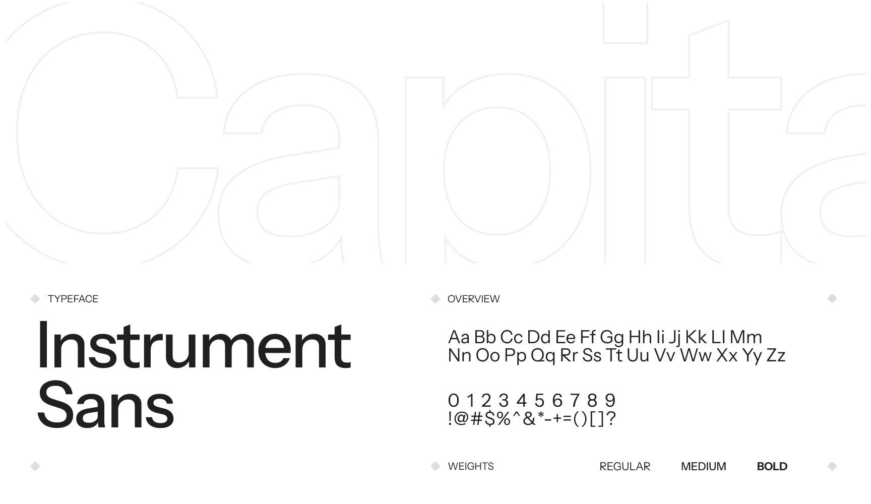 Typography sample showing 'Instrument Sans' typeface in bold. Includes uppercase, lowercase letters, numbers, and symbols on a white background.