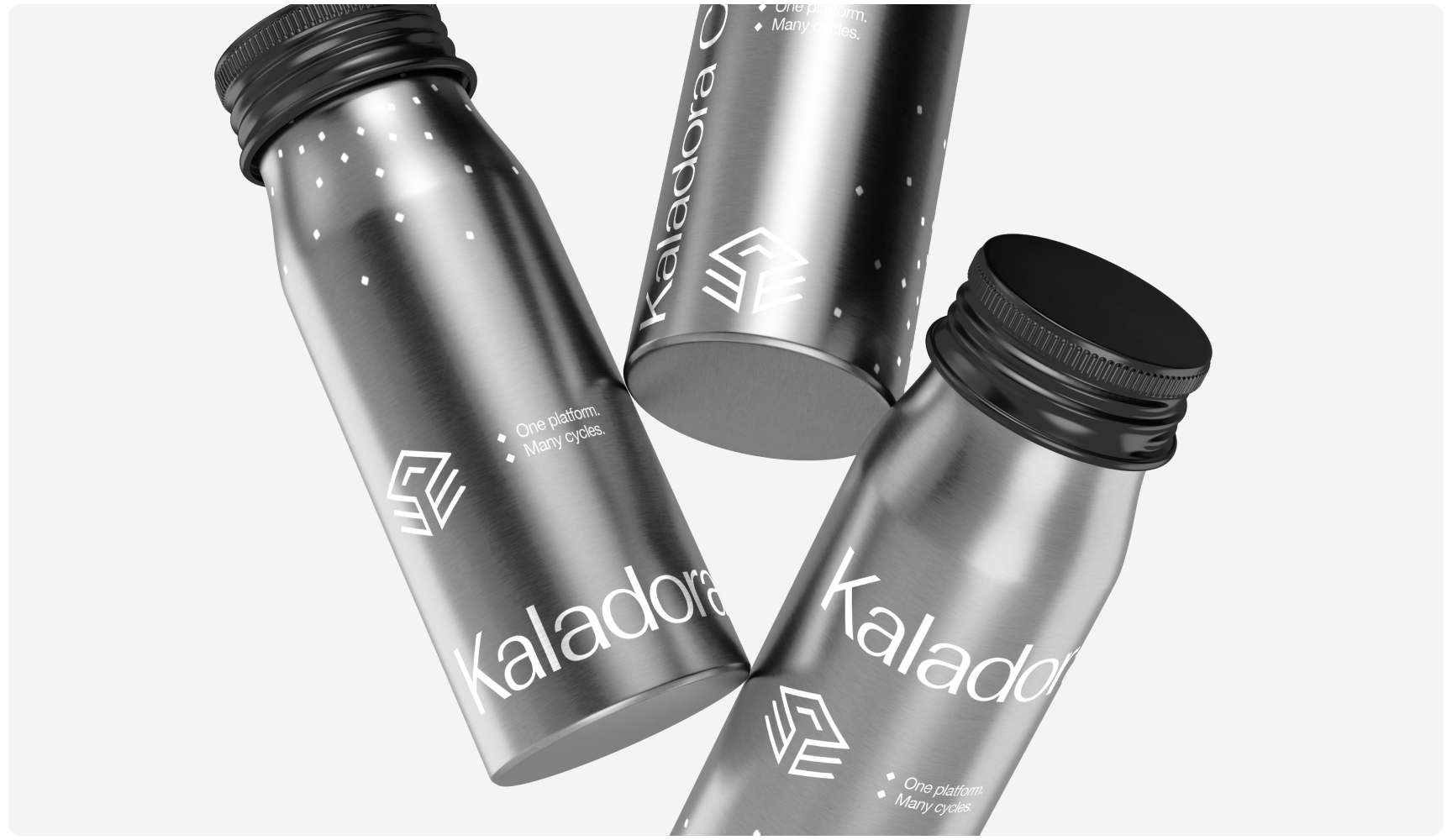 Three sleek, silver metallic bottles with black caps, branded "Kaladora." The design is minimalist with a modern logo and constellation-like dots.