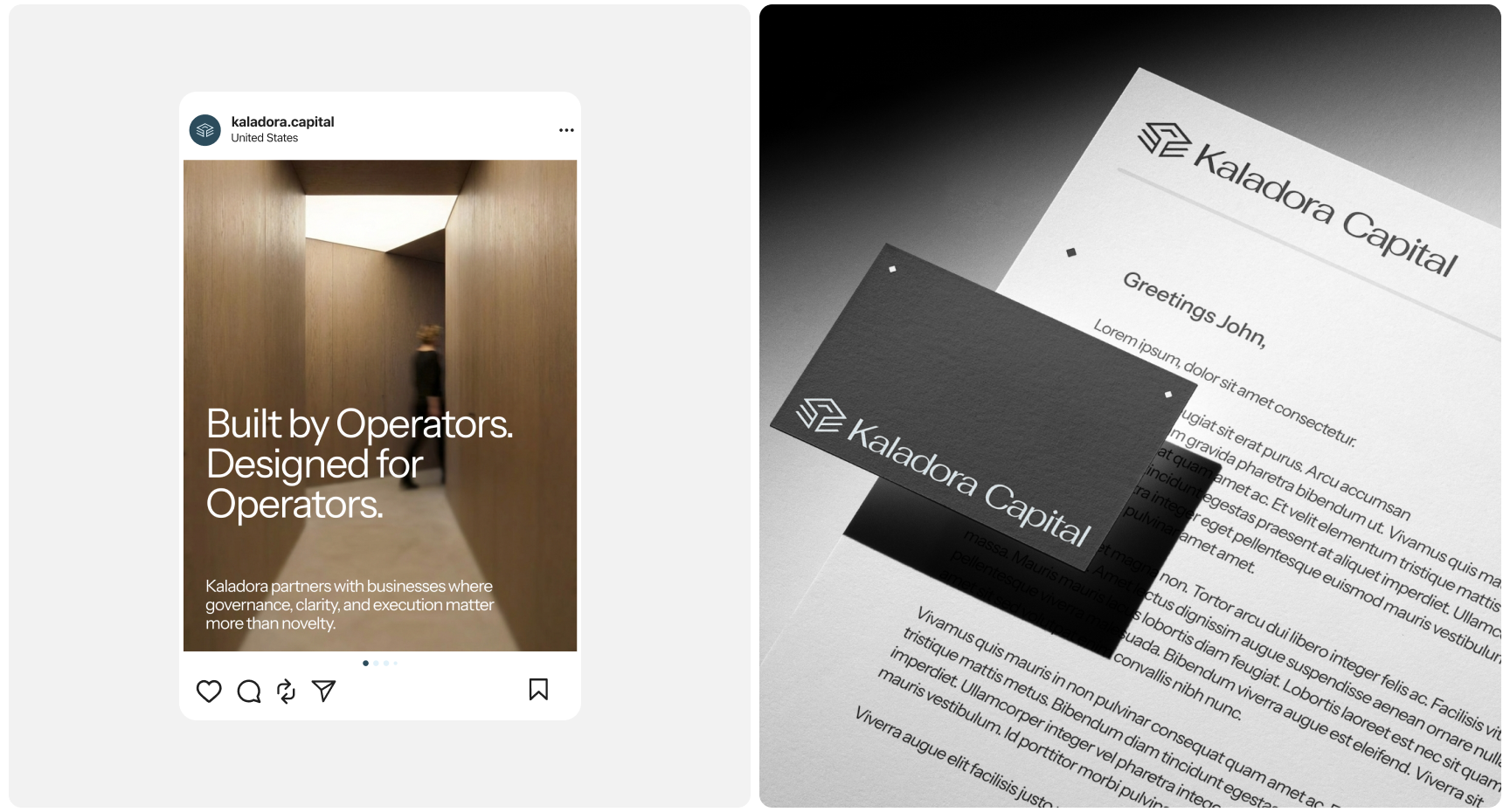 Split image: Left side is a social media post from "kaladora.capital" showing a modern, wood-paneled hallway with a person walking. Text reads: "Built by Operators. Designed for Operators." Right side features a Kaladora Capital letterhead and business car