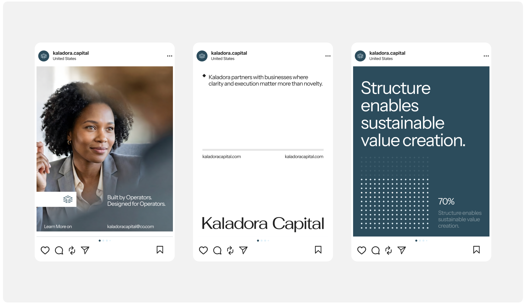 Three Instagram posts from Kaladora Capital. Left: A woman in business attire with text "Built by Operators. Designed for Operators." Center: Text about partnership focus. Right: Graphic with “Structure enables sustainable value creation” and “70%” statist