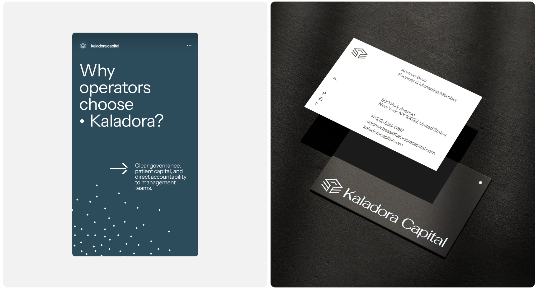 Left image: Text reads "Why operators choose Kaladora?" on a dark background with dotted design. Right image: Business cards with "Kaladora Capital" and contact info.