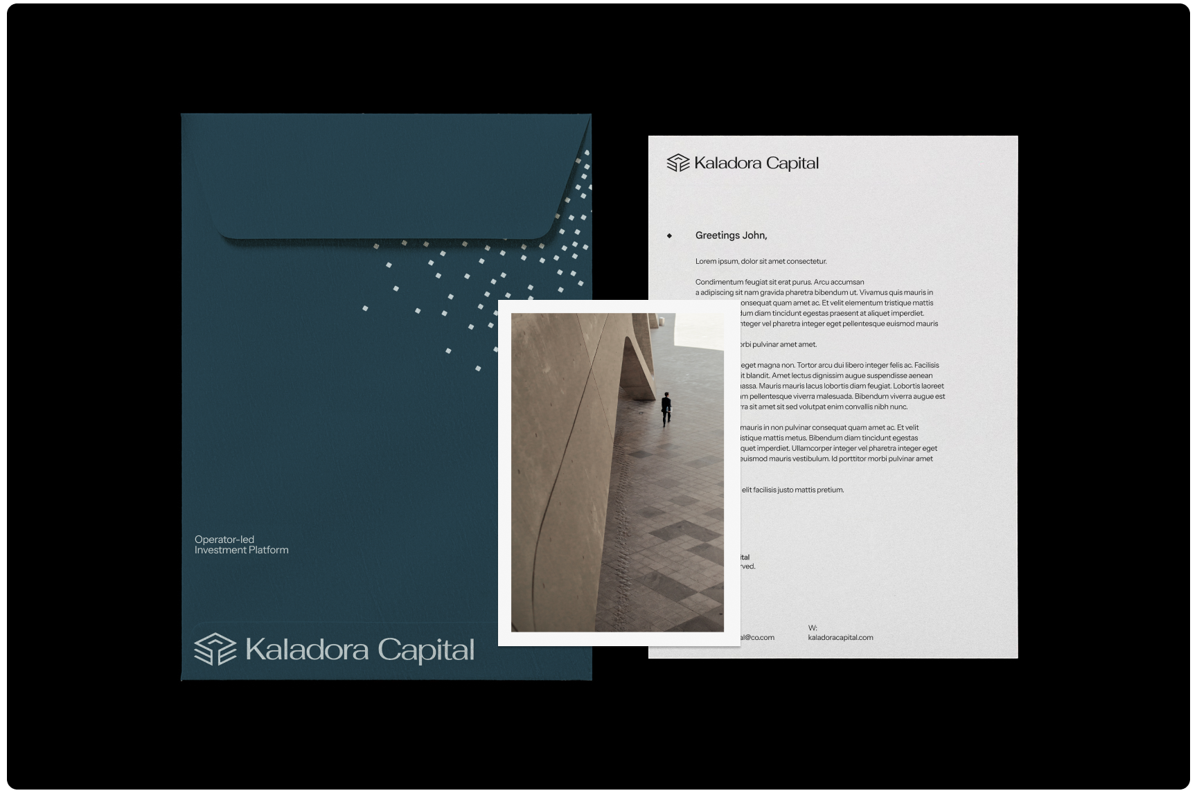 A blue folder with "Kaladora Capital" and abstract dots beside a letterhead with the same logo. An inset shows a person walking near angular walls.