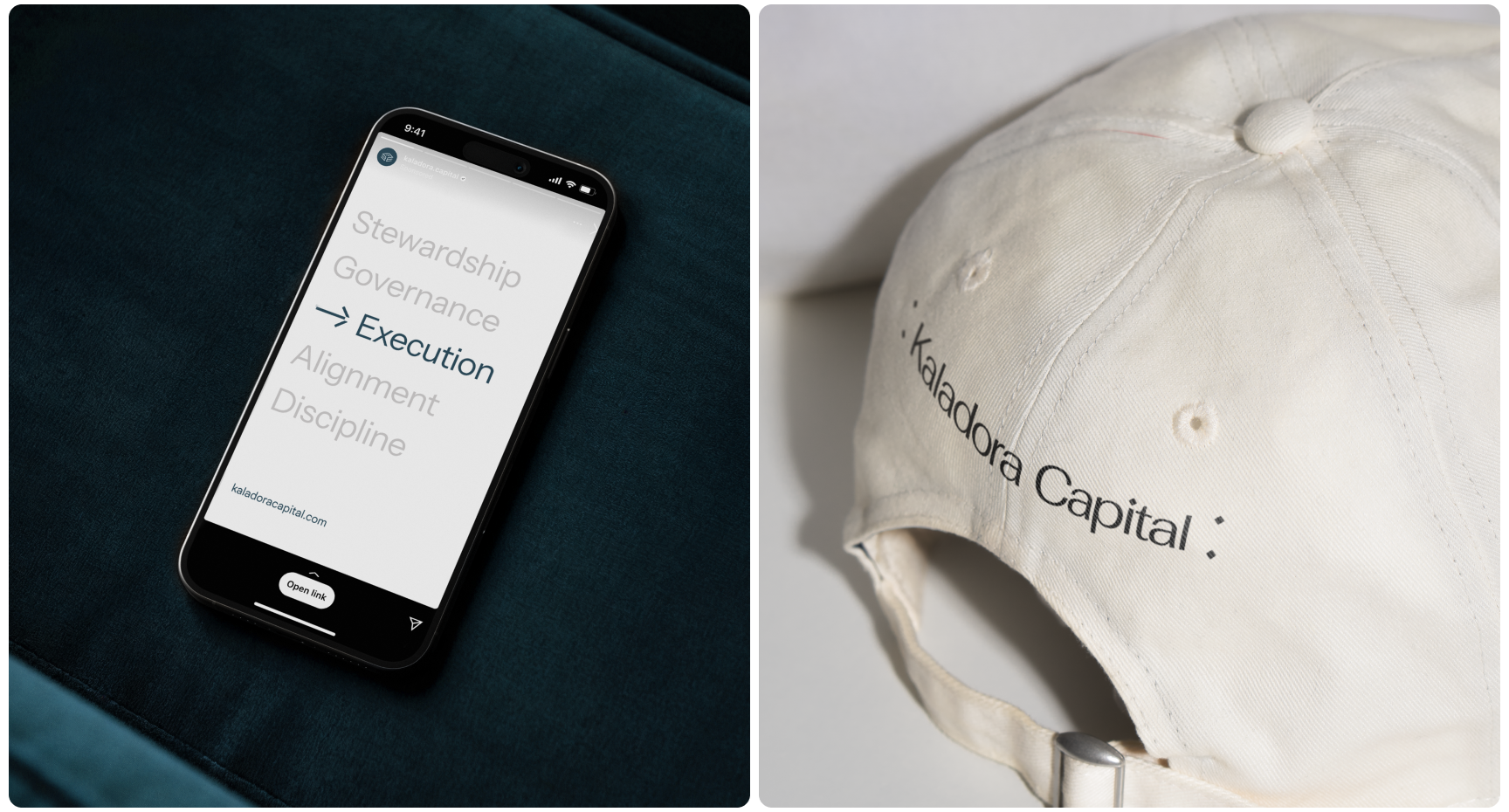 A smartphone on a teal surface displays words: "Stewardship, Governance, Execution, Alignment, Discipline." Beside it, a white cap reads "Kaladora Capital."