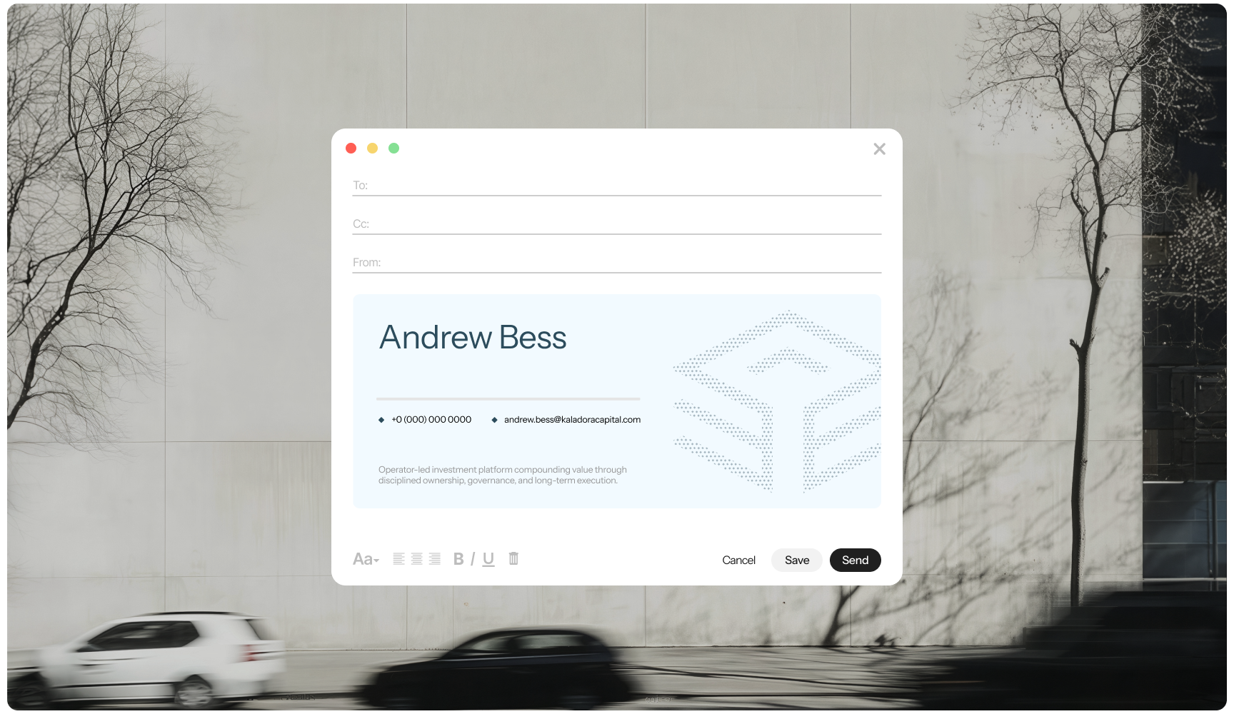 An email draft interface is displayed against a blurred cityscape background. The draft includes contact details for Andrew Bess, with sleek, modern design elements.