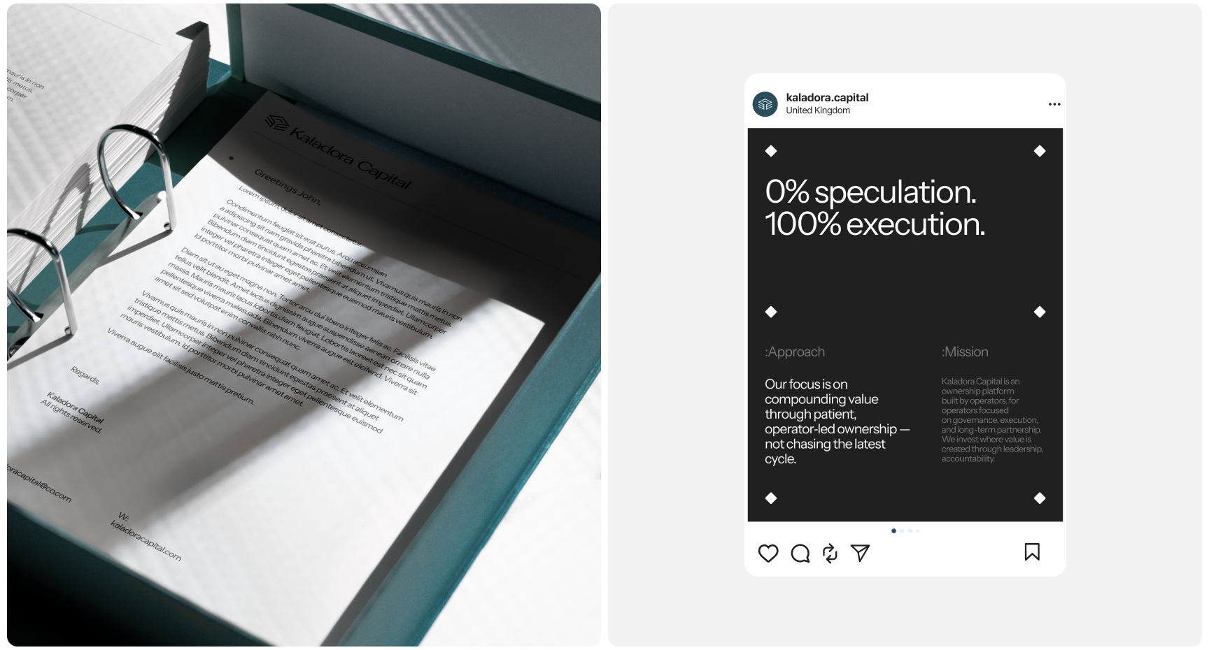 Left: A document with "Kaloscope Capital" in a teal folder under angled sunlight. Right: A social media post with "0% speculation. 100% execution." on a dark background.
