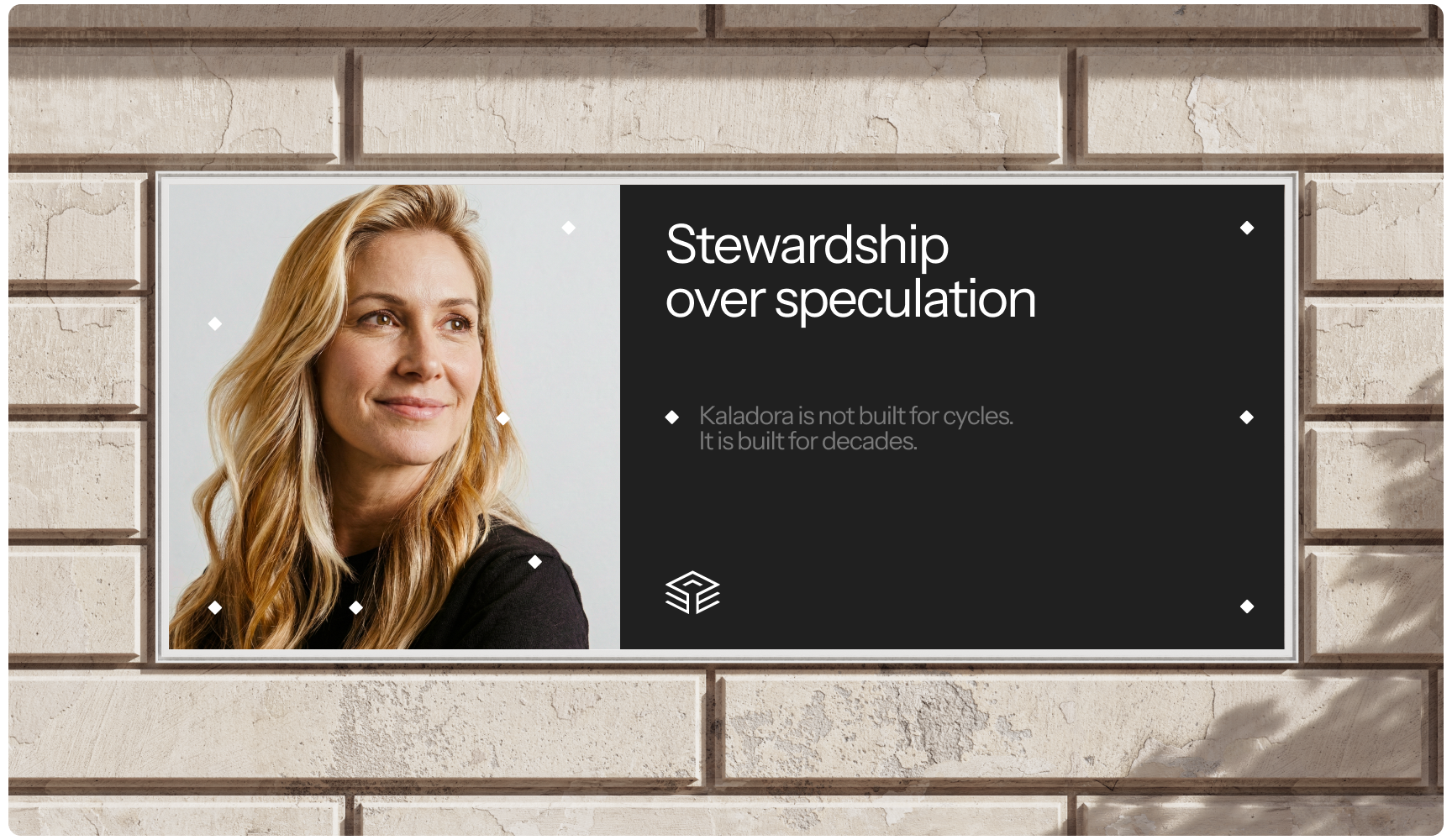 A woman with long blonde hair gazes thoughtfully to the side. Beside her, text on a dark background reads, "Stewardship over speculation." The mood is contemplative.