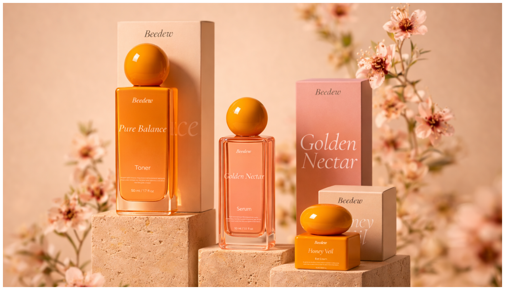 Elegant skincare products displayed on stone pedestals with soft, warm lighting. Surrounded by delicate pink flowers, conveying a serene, luxurious vibe.