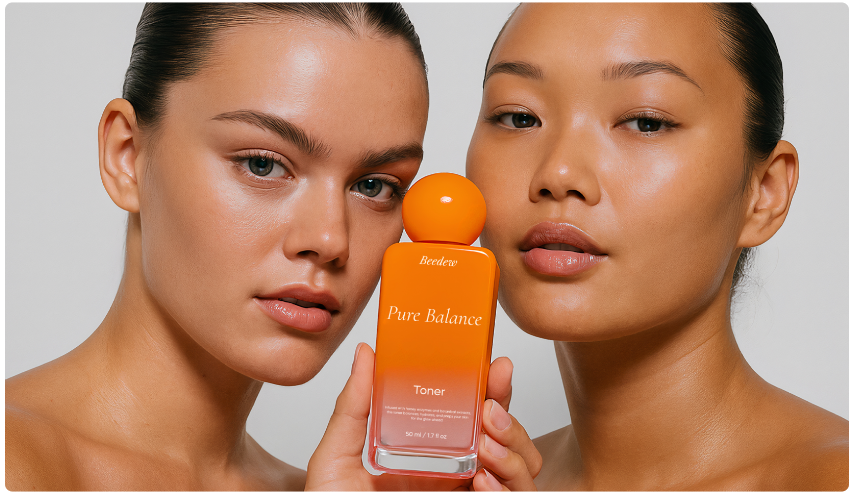 Two individuals with clear skin hold a bright orange bottle of "Pure Balance" toner, exuding a fresh and radiant feeling.