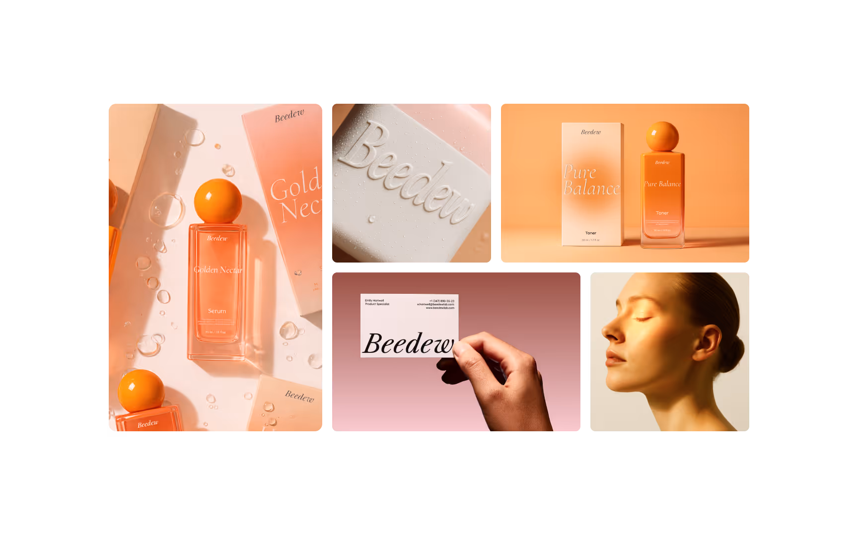 A collage of beauty products featuring orange-themed packaging. Images include a skincare bottle, embossed text "Beedew," and a serene woman. Elegant and refreshing tone.