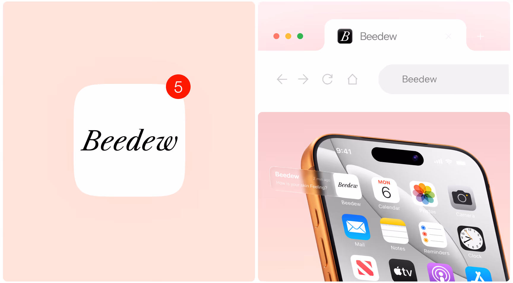 The image shows a split design. On the left, a "Beedew" app icon with a notification badge of 5. On the right, a smartphone with "Beedew" open, set against a light pink background.