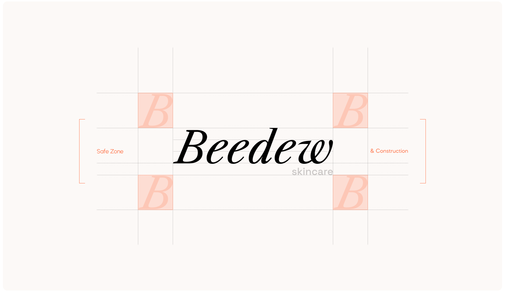 The image shows the word "Beedew" in elegant black script, with "skincare" in light grey underneath, surrounded by a design grid. Subtle, minimalist tone.