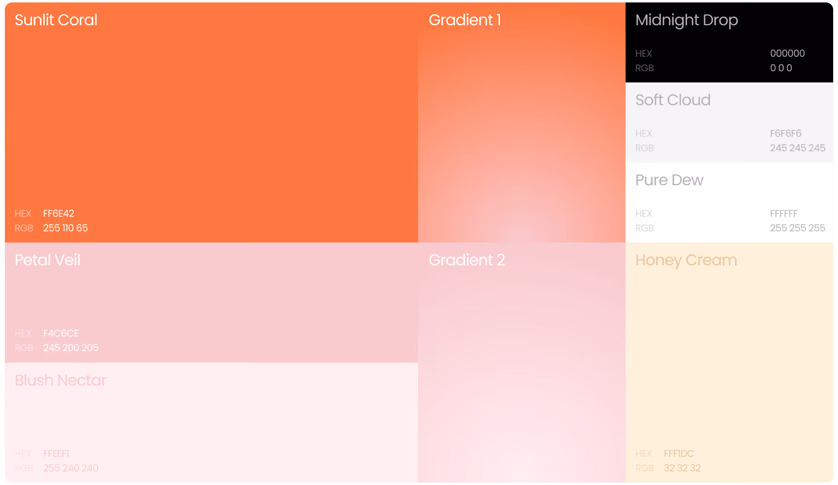 Color palette featuring bright Sunlit Coral, soft Petal Veil, and creamy Honey Cream. Includes gradients and a bold Midnight Drop, with hex and RGB codes.