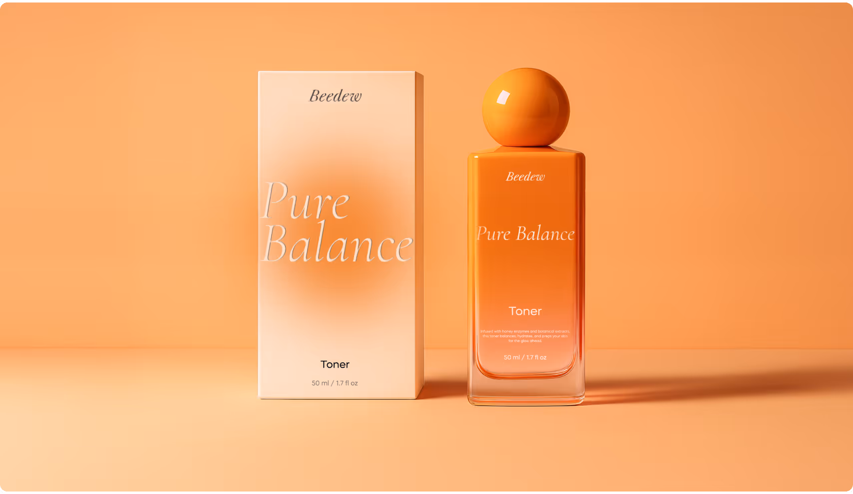 A sleek, orange-toned bottle of Beedew Pure Balance Toner with matching packaging sits on an orange surface, conveying a sense of warmth and elegance.
