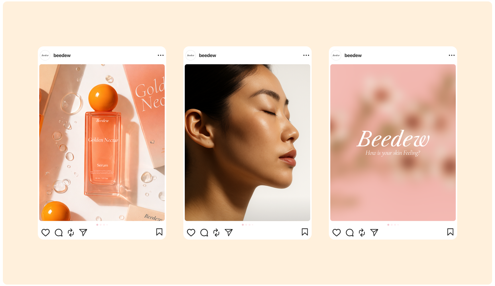 Three Instagram-like posts are shown. Left: Orange-themed perfume bottle with droplets. Center: Profile of a woman with glowing skin. Right: Blurry pink background with "Beedew" text.