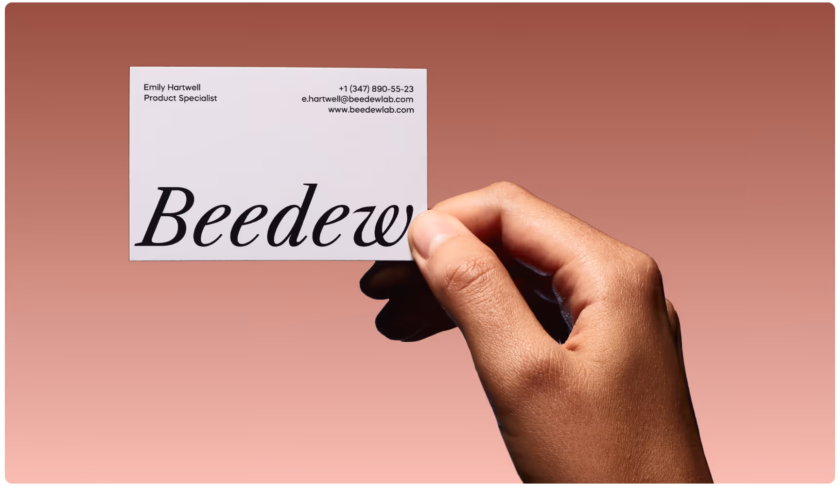 A hand holds a business card against a pink gradient background. The card displays contact information and the company name "Beedew" in elegant font.